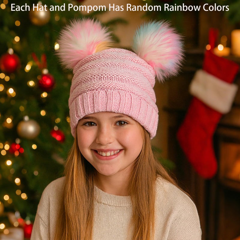 ACTLATI Kids Winter Knitted Beanie Hat Colorful Pompom Ears Ski Hat for Boy Girl(Ages 7-12) - Image 2
